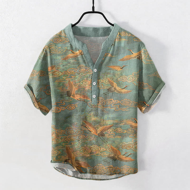 Buddha Stones Chemise homme à manches courtes et demi-boutonnée en coton à motif de grues volantes et de nuages - Vert d'eau - US/UK/AU50，EU60 (5XL) - image 5