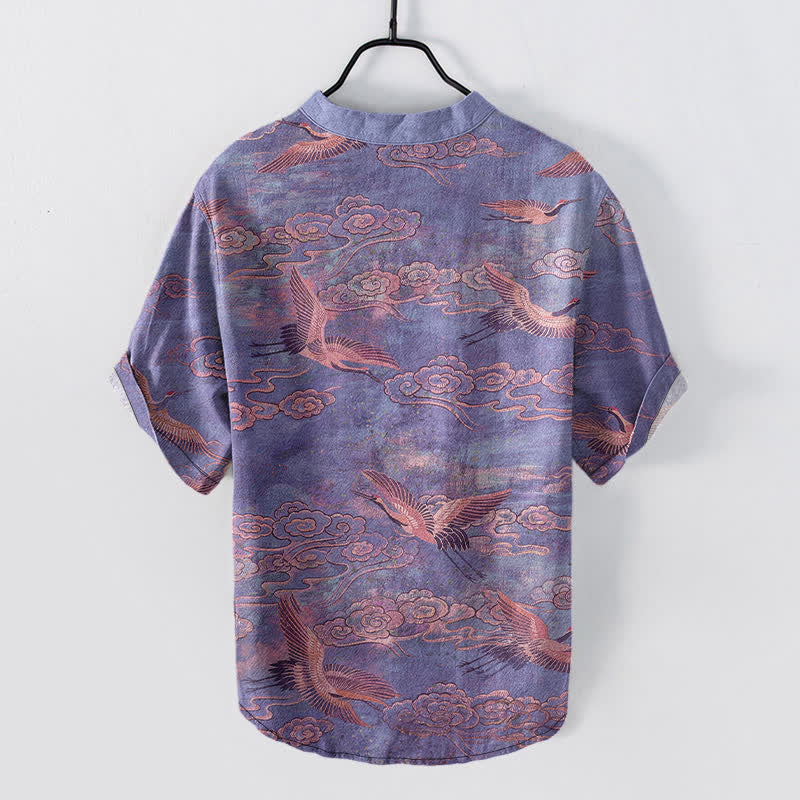 Buddha Stones Chemise homme à manches courtes et demi-boutonnée en coton à motif de grues volantes et de nuages - image 8
