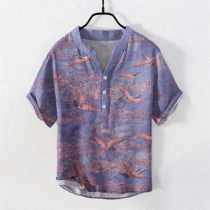 Buddha Stones Chemise homme à manches courtes et demi-boutonnée en coton à motif de grues volantes et de nuages - Violet moyen - US/UK/AU50，EU60 (5XL) - image 7