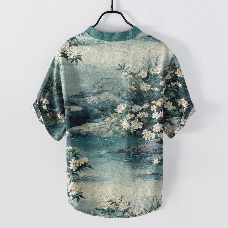 Buddha Stones Chemise à manches courtes et demi-boutonnée en coton à motif floral aquarelle pour homme - image 1