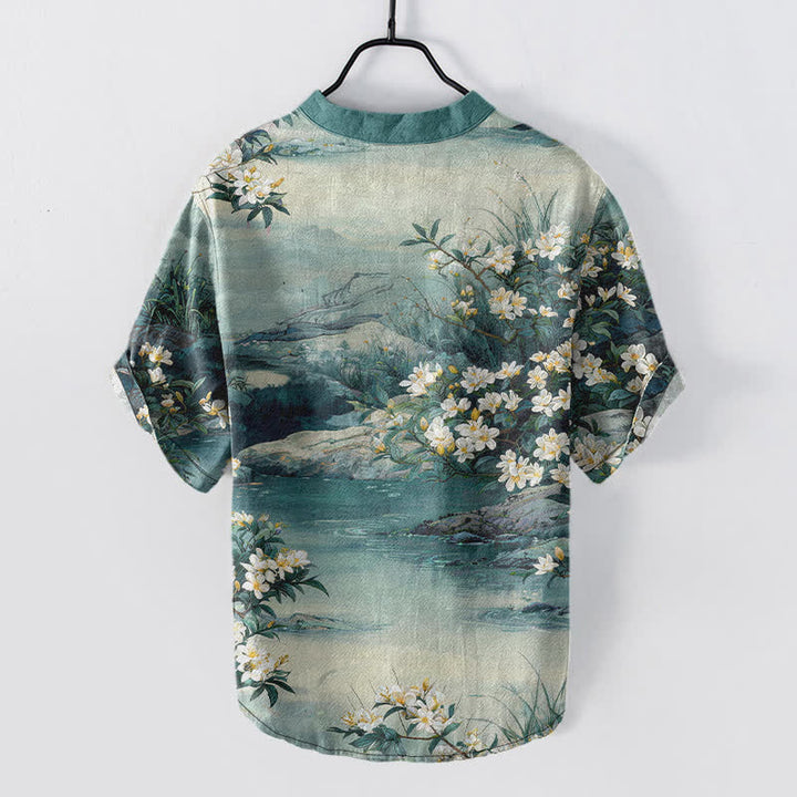 Buddha Stones Chemise à manches courtes et demi-boutonnée en coton à motif floral aquarelle pour homme - image 1
