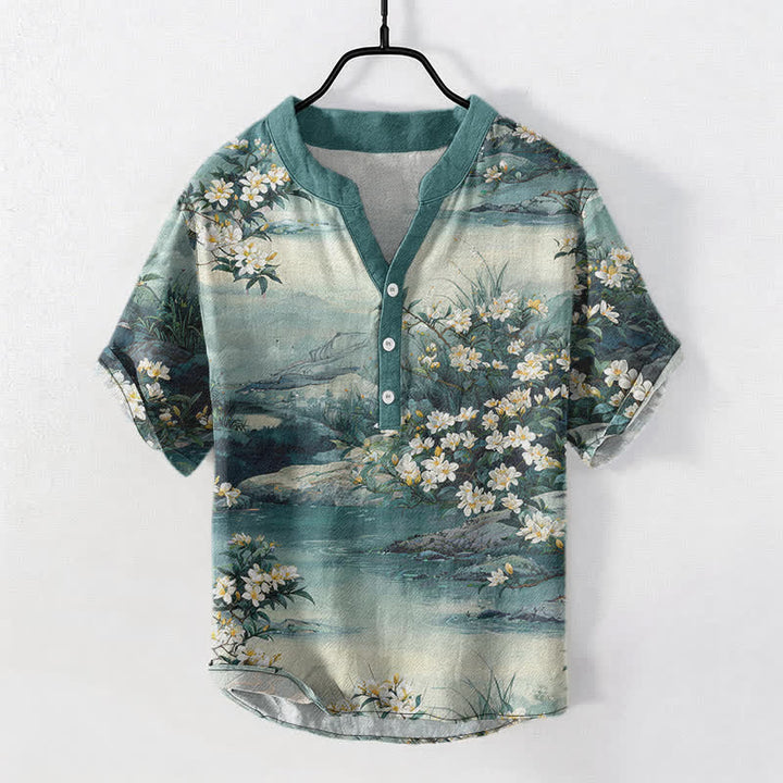 Buddha Stones Chemise à manches courtes et demi-boutonnée en coton à motif floral aquarelle pour homme - Vert d'eau - US/UK/AU50，EU60 (5XL) - image 0