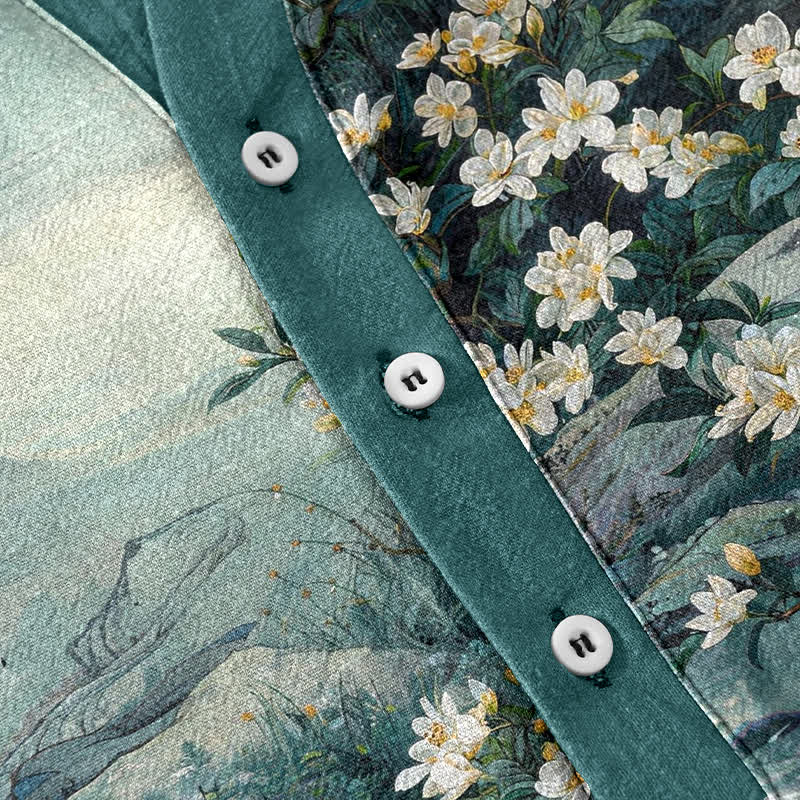 Buddha Stones Chemise à manches courtes et demi-boutonnée en coton à motif floral aquarelle pour homme - image 3