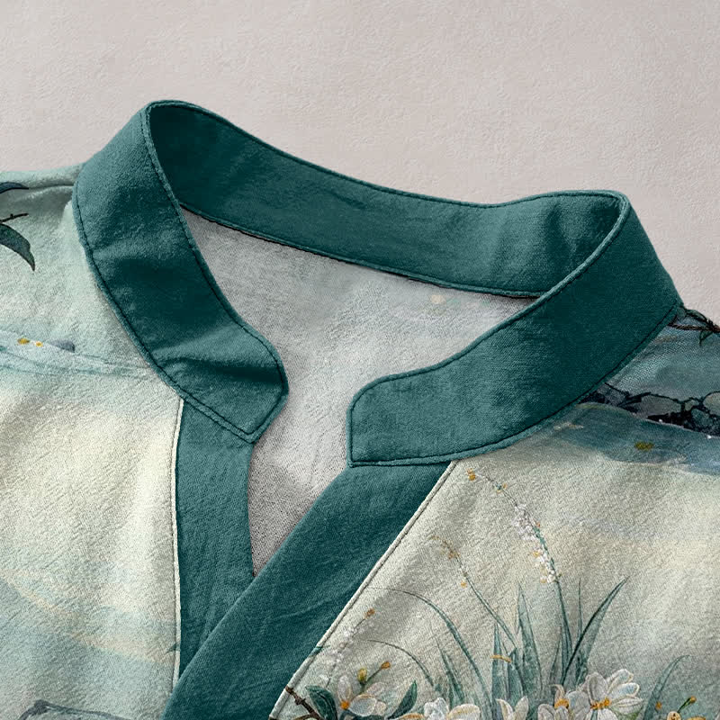 Buddha Stones Chemise à manches courtes et demi-boutonnée en coton à motif floral aquarelle pour homme - image 2