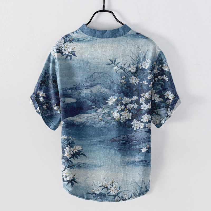 Buddha Stones Chemise à manches courtes et demi-boutonnée en coton à motif floral aquarelle pour homme - image 6