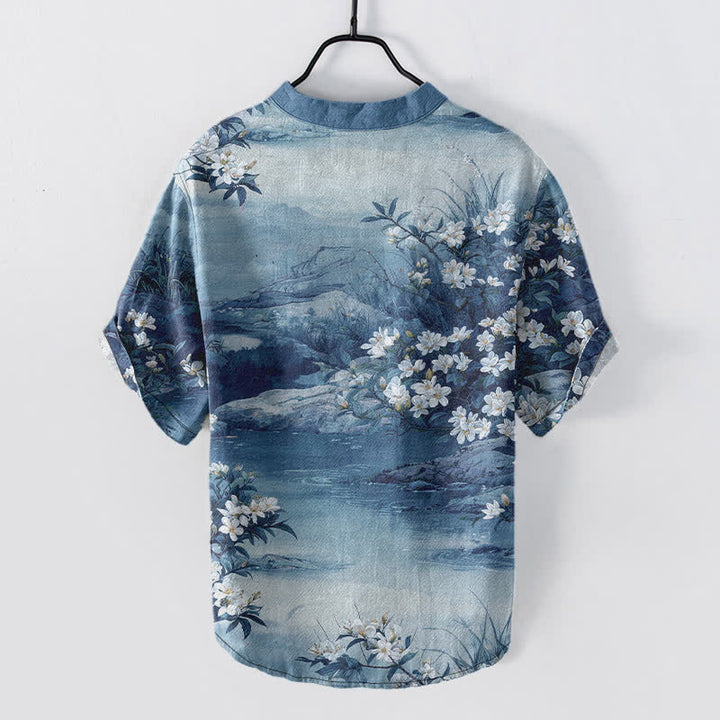 Buddha Stones Chemise à manches courtes et demi-boutonnée en coton à motif floral aquarelle pour homme - image 6