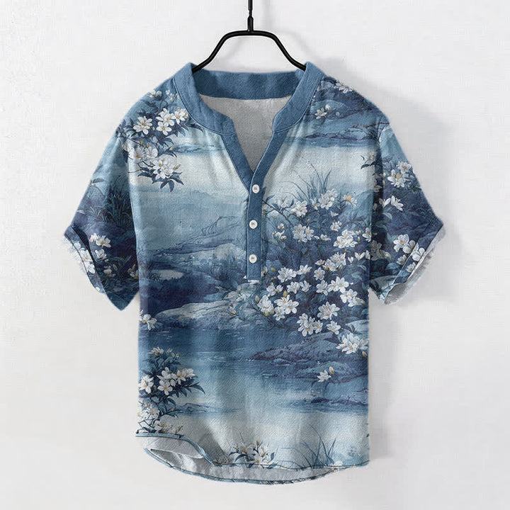 Buddha Stones Chemise à manches courtes et demi-boutonnée en coton à motif floral aquarelle pour homme - Bleu acier clair - US/UK/AU50，EU60 (5XL) - image 5