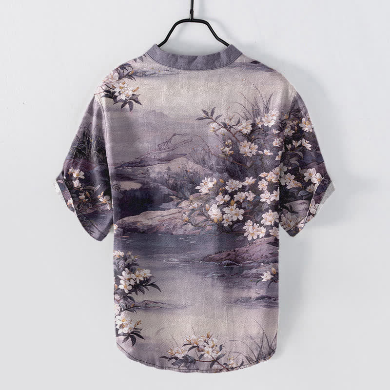 Buddha Stones Chemise à manches courtes et demi-boutonnée en coton à motif floral aquarelle pour homme - image 8