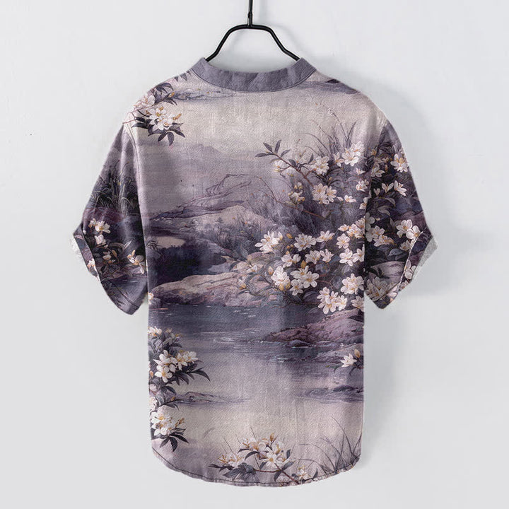 Buddha Stones Chemise à manches courtes et demi-boutonnée en coton à motif floral aquarelle pour homme - image 8
