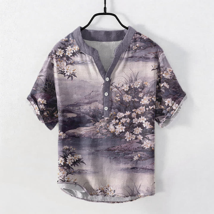 Buddha Stones Chemise à manches courtes et demi-boutonnée en coton à motif floral aquarelle pour homme - Lavande - US/UK/AU50，EU60 (5XL) - image 7