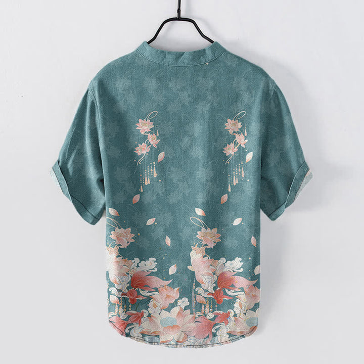 Buddha Stones Chemise homme à manches courtes et demi-boutonnages, motif lotus en coton - image 1