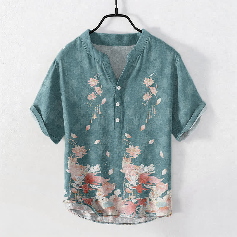 Buddha Stones Chemise homme à manches courtes et demi-boutonnages, motif lotus en coton - Sarcelle - US/UK/AU50，EU60 (5XL) - image 0