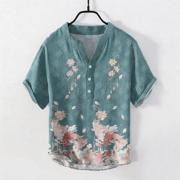 Buddha Stones Chemise homme à manches courtes et demi-boutonnages, motif lotus en coton - Sarcelle - US/UK/AU50，EU60 (5XL) - image 0