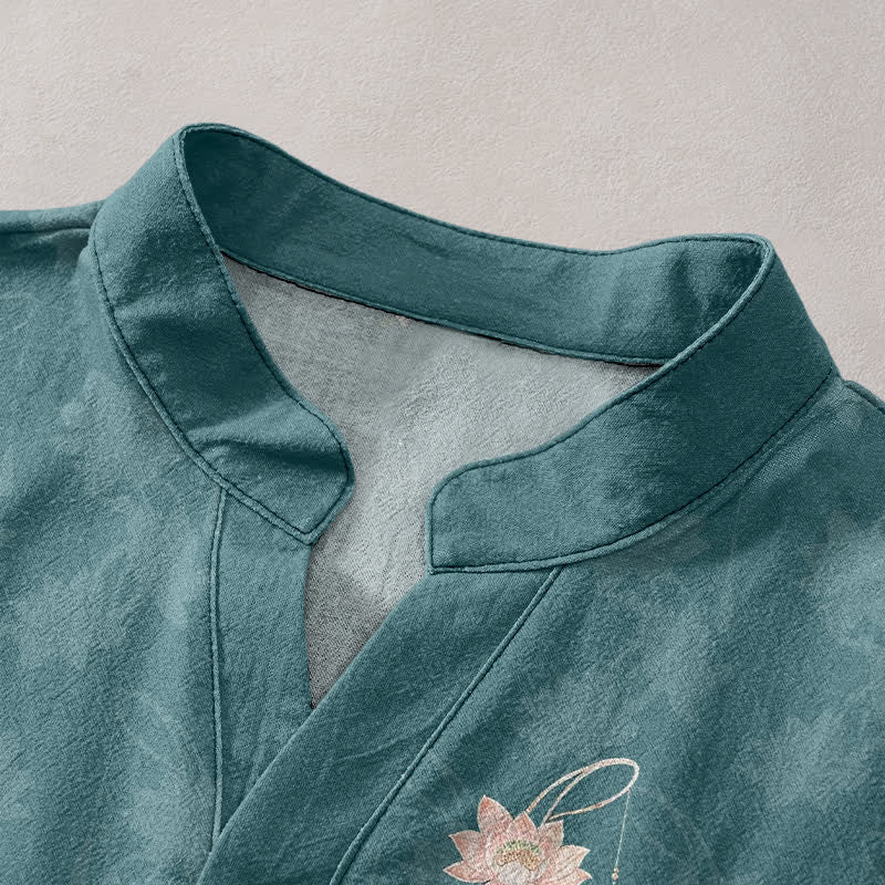 Buddha Stones Chemise homme à manches courtes et demi-boutonnages, motif lotus en coton - image 2