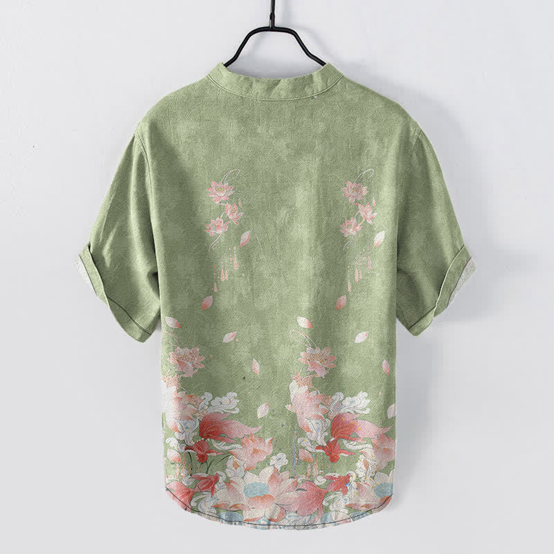 Buddha Stones Chemise homme à manches courtes et demi-boutonnages, motif lotus en coton - image 6