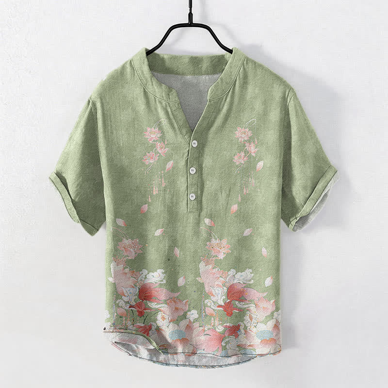 Buddha Stones Chemise homme à manches courtes et demi-boutonnages, motif lotus en coton - Vert clair - US/UK/AU50，EU60 (5XL) - image 5