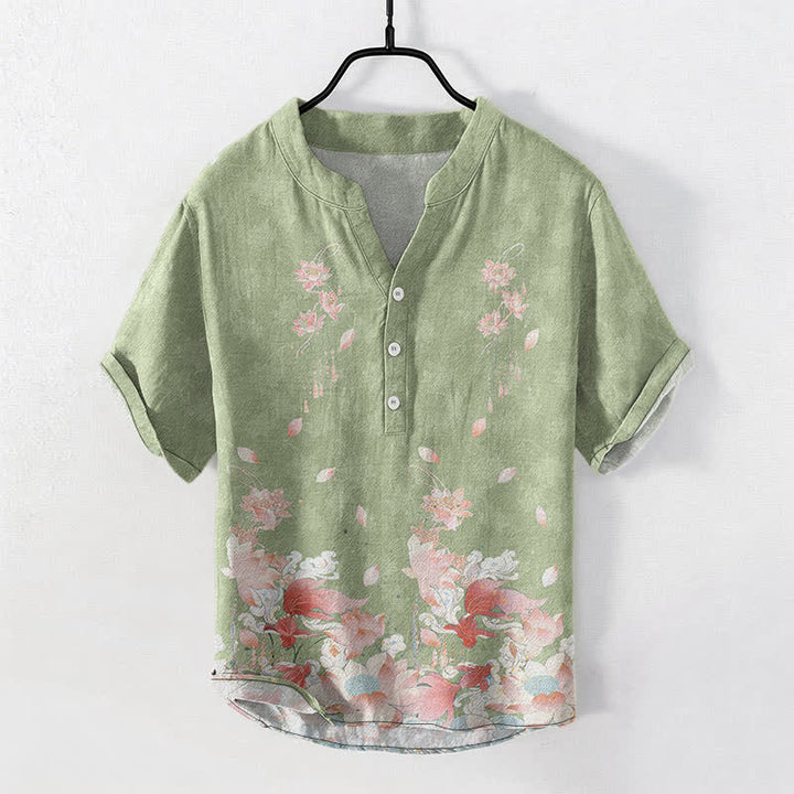 Buddha Stones Chemise homme à manches courtes et demi-boutonnages, motif lotus en coton - Vert clair - US/UK/AU50，EU60 (5XL) - image 5