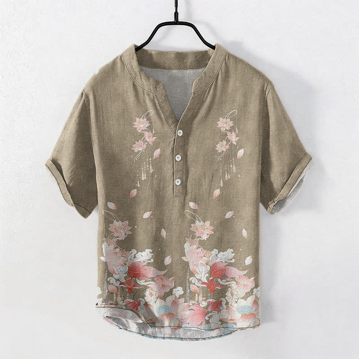 Buddha Stones Chemise homme à manches courtes et demi-boutonnages, motif lotus en coton - Tanné - US/UK/AU50，EU60 (5XL) - image 7