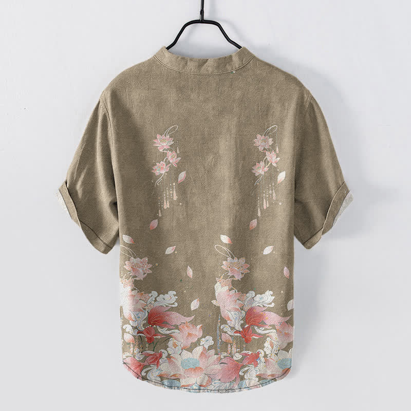 Buddha Stones Chemise homme à manches courtes et demi-boutonnages, motif lotus en coton - image 8