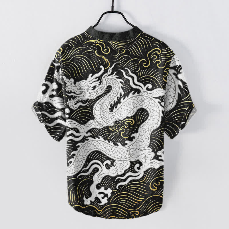 Buddha Stones Chemise à manches courtes pour homme en coton blanc à motif de vagues de dragon et demi-boutonnage - image 1