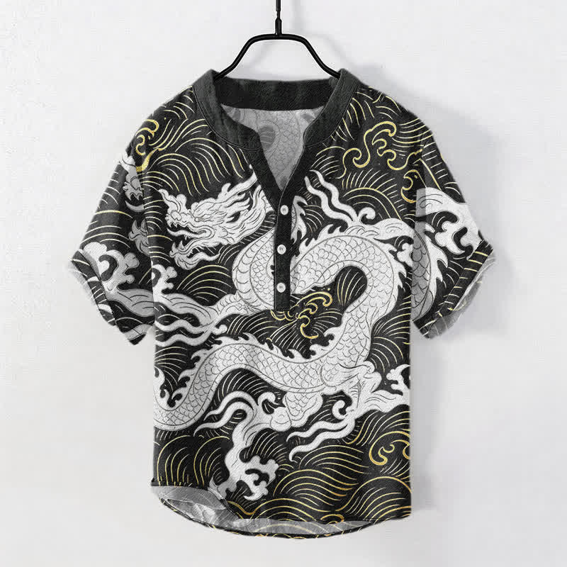 Buddha Stones Chemise à manches courtes pour homme en coton blanc à motif de vagues de dragon et demi-boutonnage - Noir - US/UK/AU50，EU60 (5XL) - image 0