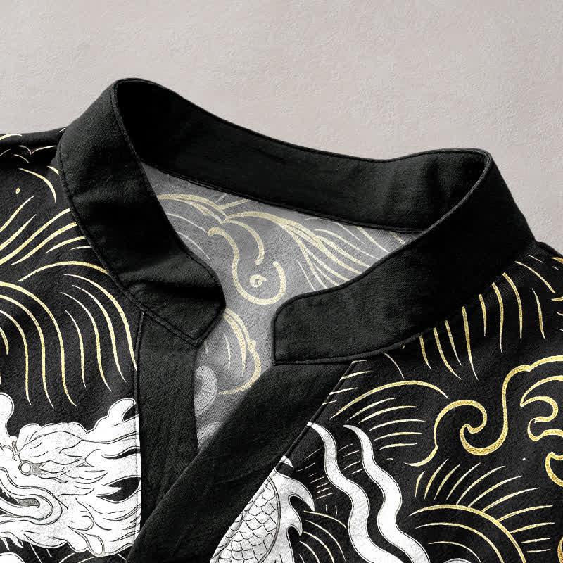 Buddha Stones Chemise à manches courtes pour homme en coton blanc à motif de vagues de dragon et demi-boutonnage - image 2