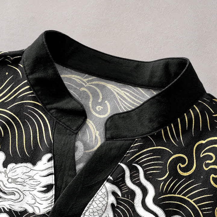 Buddha Stones Chemise à manches courtes pour homme en coton blanc à motif de vagues de dragon et demi-boutonnage - image 2