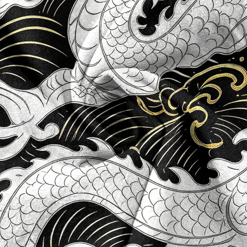 Buddha Stones Chemise à manches courtes pour homme en coton blanc à motif de vagues de dragon et demi-boutonnage - image 4