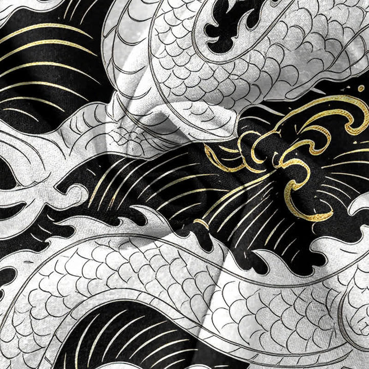 Buddha Stones Chemise à manches courtes pour homme en coton blanc à motif de vagues de dragon et demi-boutonnage - image 4