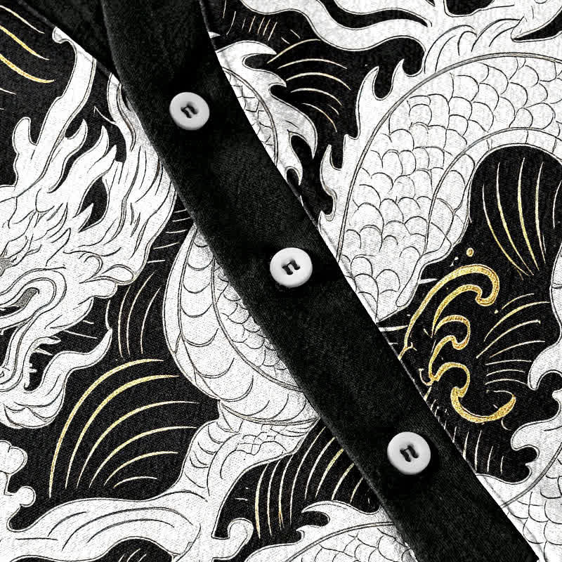 Buddha Stones Chemise à manches courtes pour homme en coton blanc à motif de vagues de dragon et demi-boutonnage - image 3