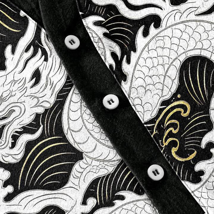 Buddha Stones Chemise à manches courtes pour homme en coton blanc à motif de vagues de dragon et demi-boutonnage - image 3