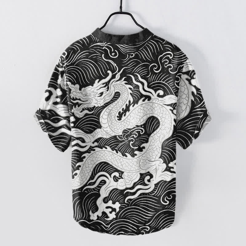 Buddha Stones Chemise à manches courtes pour homme en coton blanc à motif de vagues de dragon et demi-boutonnage - image 6