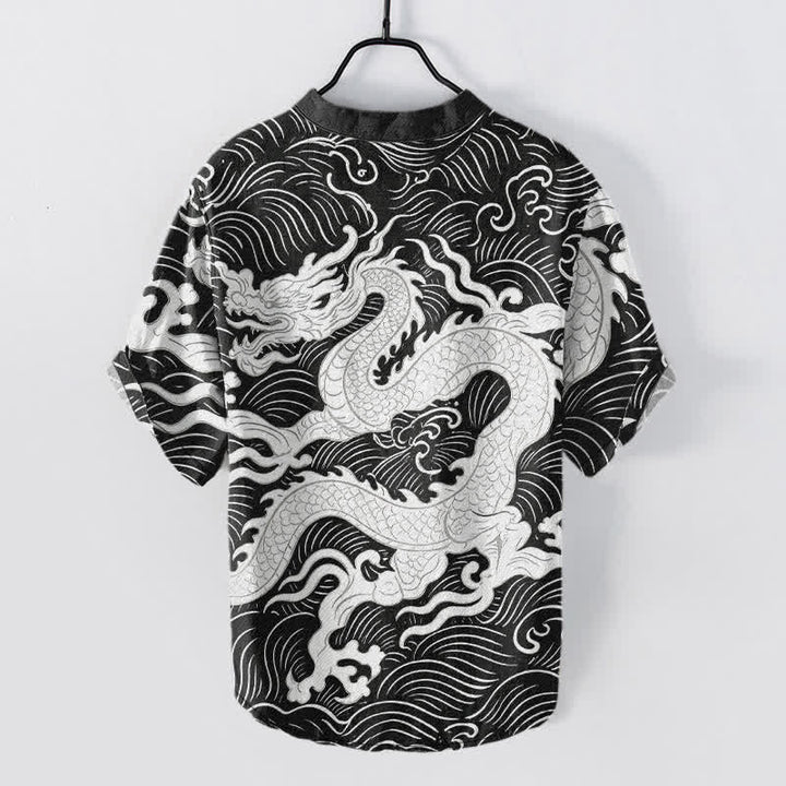 Buddha Stones Chemise à manches courtes pour homme en coton blanc à motif de vagues de dragon et demi-boutonnage - image 6