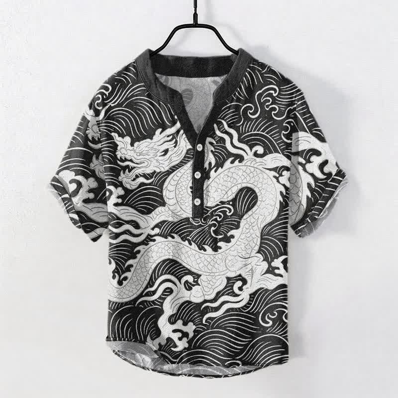 Buddha Stones Chemise à manches courtes pour homme en coton blanc à motif de vagues de dragon et demi-boutonnage - Argent - US/UK/AU50，EU60 (5XL) - image 5
