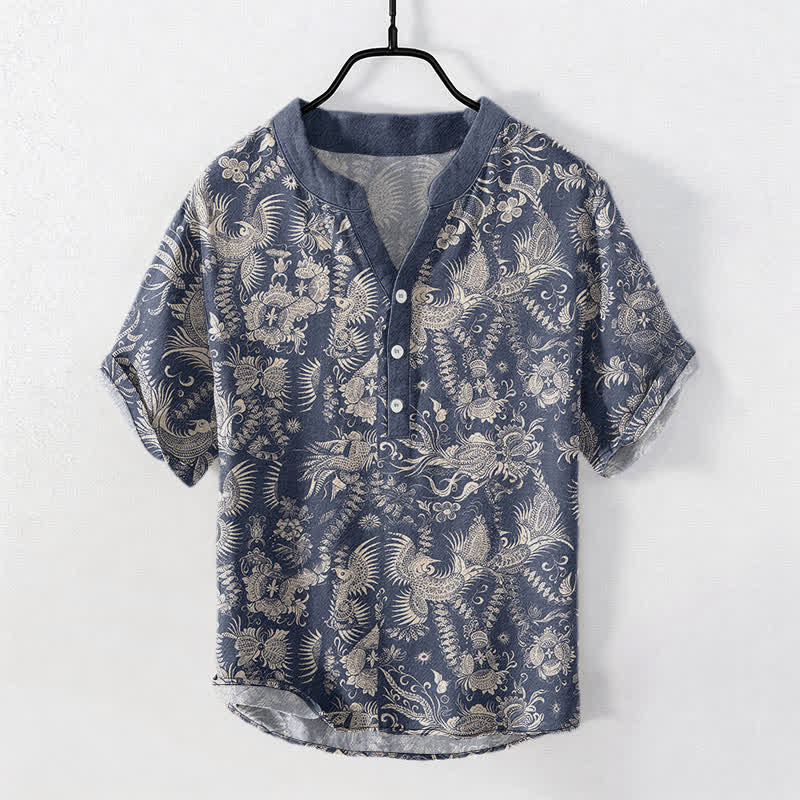 Buddha Stones Chemise homme à manches courtes et demi-boutonnée en coton à motif floral botanique - SteelBlue - US/UK/AU50，EU60 (5XL) - image 0