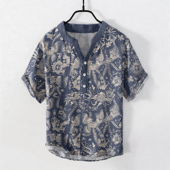 Buddha Stones Chemise homme à manches courtes et demi-boutonnée en coton à motif floral botanique - SteelBlue - US/UK/AU50，EU60 (5XL) - image 0