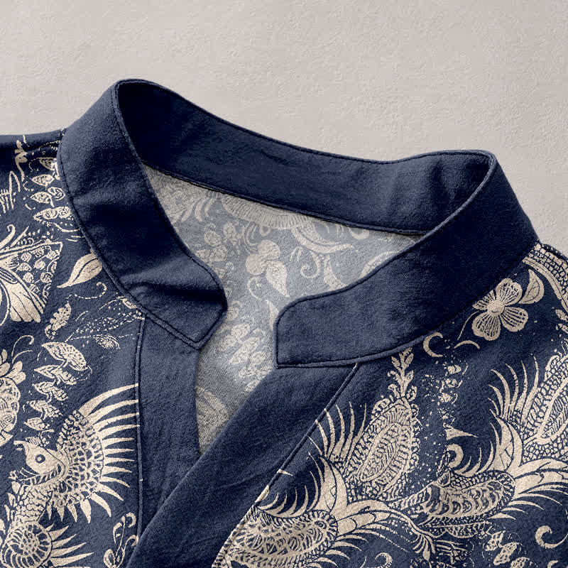 Buddha Stones Chemise homme à manches courtes et demi-boutonnée en coton à motif floral botanique - image 2