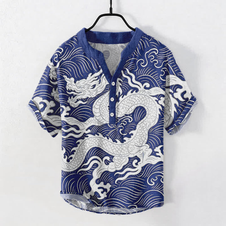Buddha Stones Chemise à manches courtes pour homme en coton blanc à motif de vagues de dragon et demi-boutonnage - Bleu royal - US/UK/AU50，EU60 (5XL) - image 7