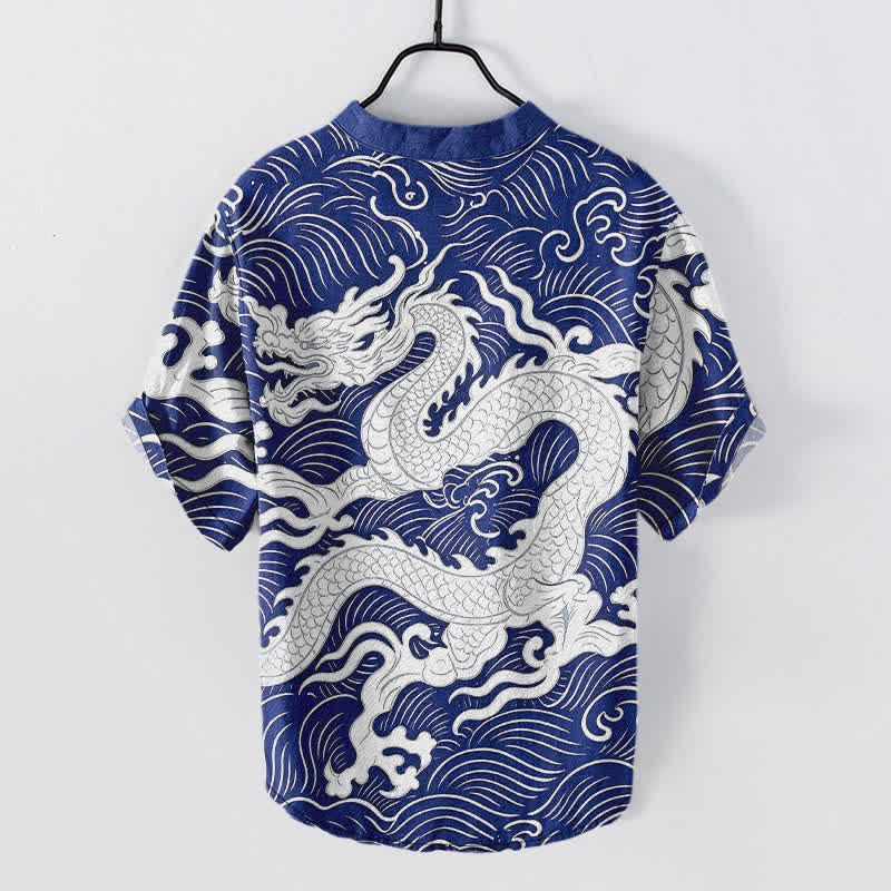 Buddha Stones Chemise à manches courtes pour homme en coton blanc à motif de vagues de dragon et demi-boutonnage - image 8