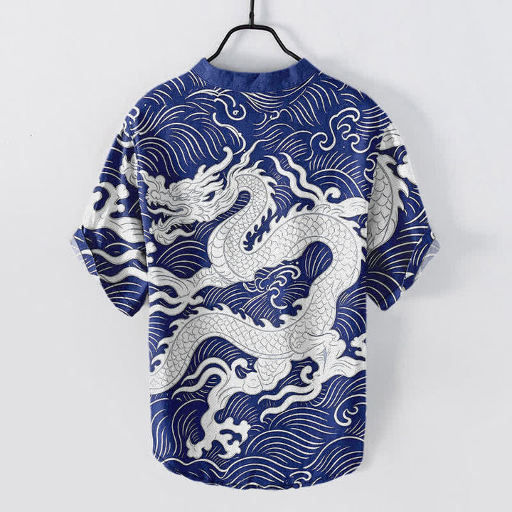 Buddha Stones Chemise à manches courtes pour homme en coton blanc à motif de vagues de dragon et demi-boutonnage - image 8