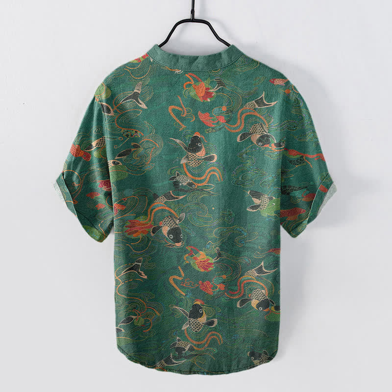 Buddha Stones Chemise homme à manches courtes et demi-boutonnée, motif carpes koï et lotus - image 1