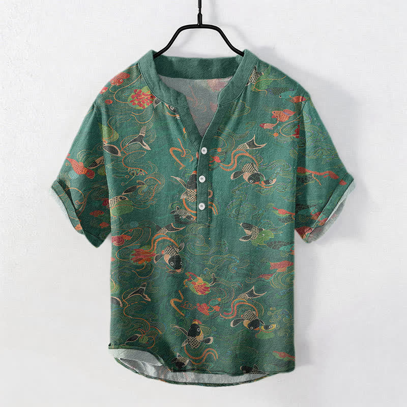 Buddha Stones Chemise homme à manches courtes et demi-boutonnée, motif carpes koï et lotus - Vert d'eau - US/UK/AU50，EU60 (5XL) - image 0