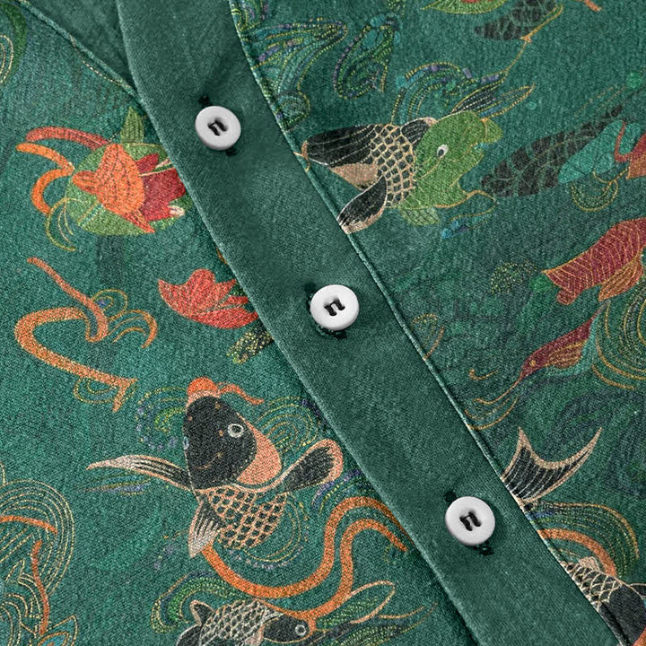 Buddha Stones Chemise homme à manches courtes et demi-boutonnée, motif carpes koï et lotus - image 3