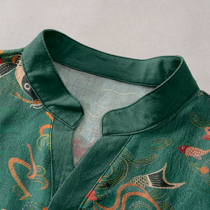 Buddha Stones Chemise homme à manches courtes et demi-boutonnée, motif carpes koï et lotus - image 2