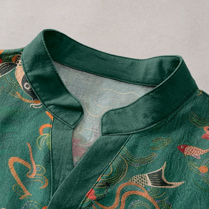Buddha Stones Chemise homme à manches courtes et demi-boutonnée, motif carpes koï et lotus - image 2