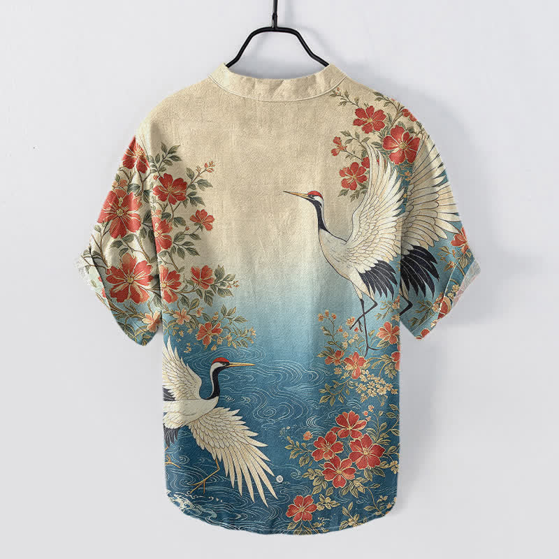 Buddha Stones Chemise homme à manches courtes et demi-boutonnée en coton à motif floral et vagues, avec grues orientales - image 1