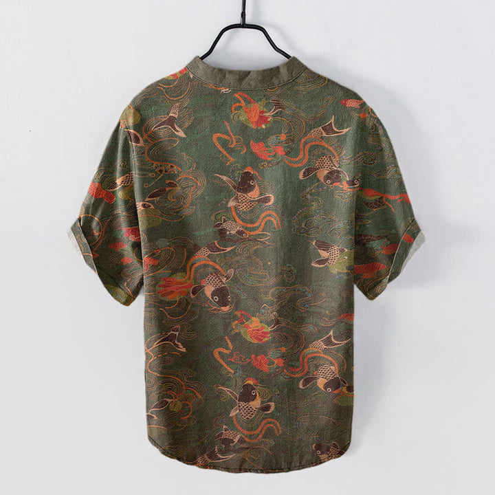 Buddha Stones Chemise homme à manches courtes et demi-boutonnée, motif carpes koï et lotus - image 6