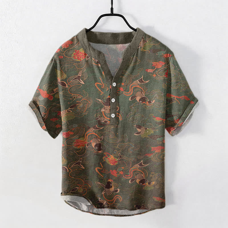 Buddha Stones Chemise homme à manches courtes et demi-boutonnée, motif carpes koï et lotus - Vert olive foncé - US/UK/AU50，EU60 (5XL) - image 5