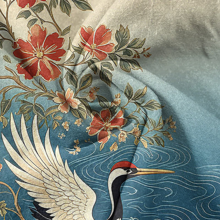 Buddha Stones Chemise homme à manches courtes et demi-boutonnée en coton à motif floral et vagues, avec grues orientales - image 2
