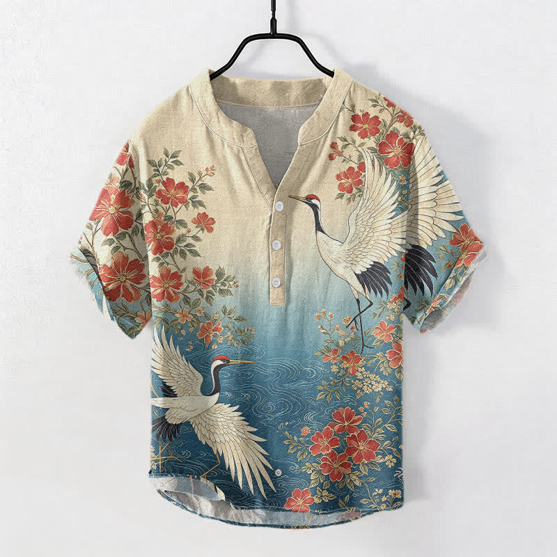 Buddha Stones Chemise homme à manches courtes et demi-boutonnée en coton à motif floral et vagues, avec grues orientales - SteelBlue - US/UK/AU50，EU60 (5XL) - image 0